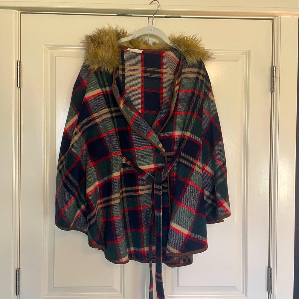 Green red navy and tan plain poncho